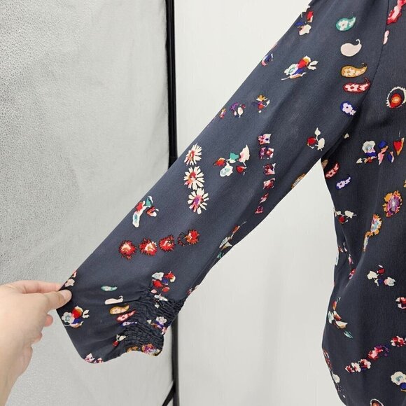 Rebecca Taylor Floral Silk Blouse Top Gray Women’s Size 8 Boho Hippie Preppy - Picture 4 of 11